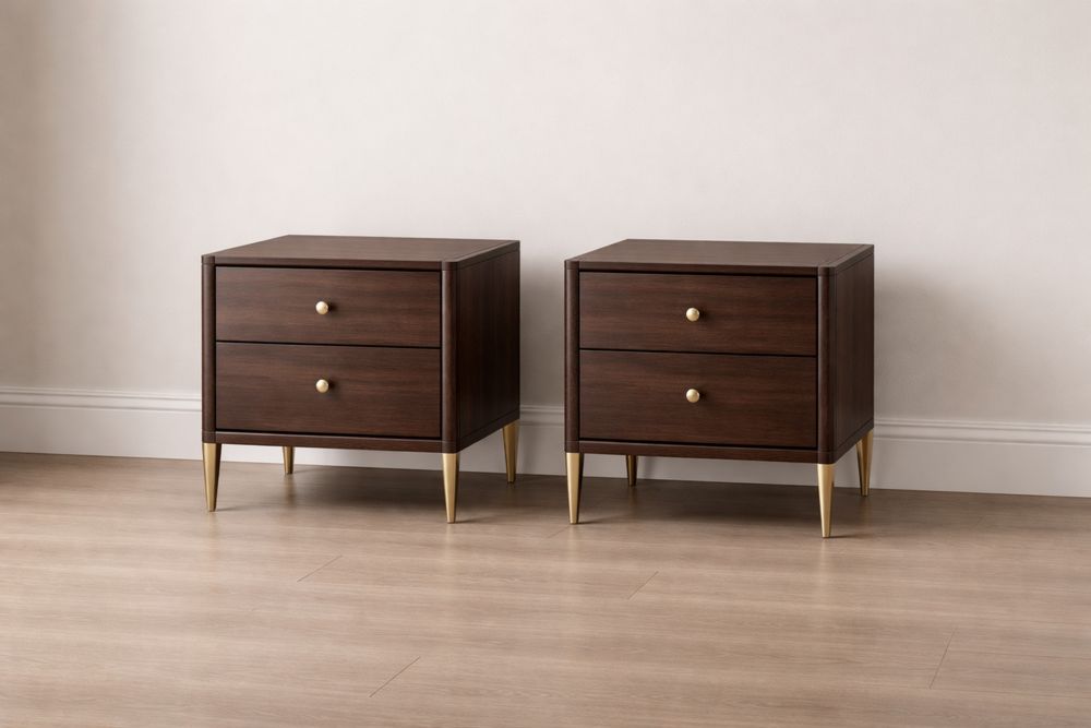 Set of 2 Wooden Nightstands with Brass Legs and Handles Brown