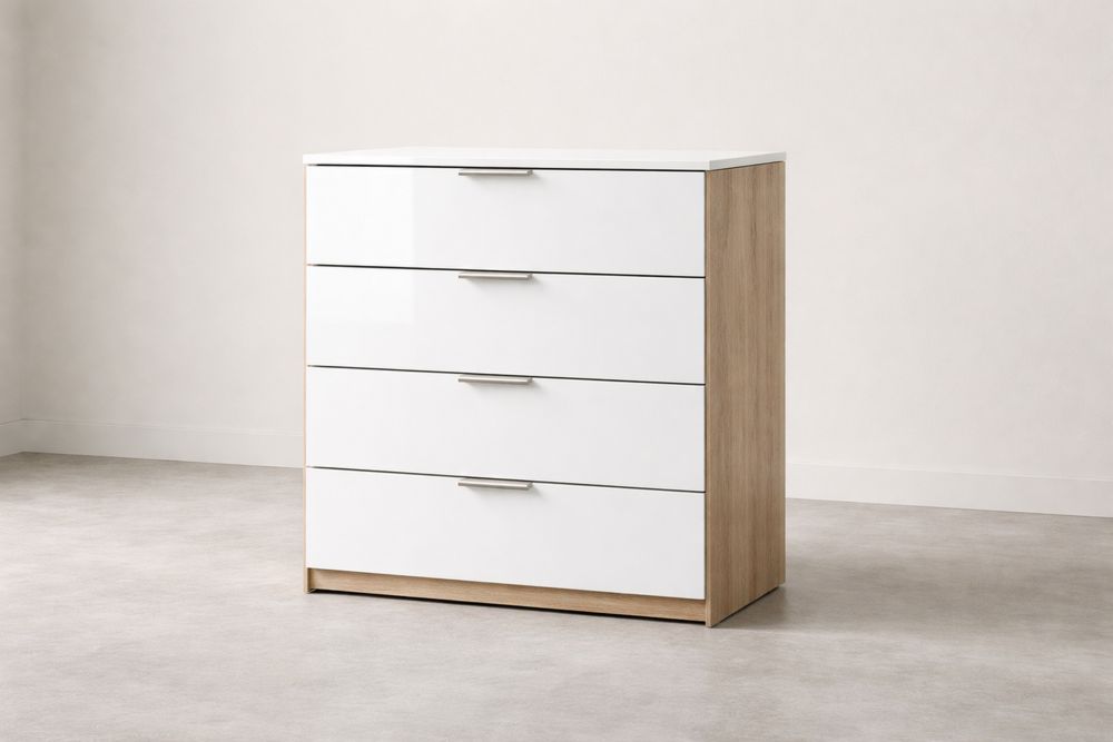 High-Gloss White Wood 4 Drawer Chest