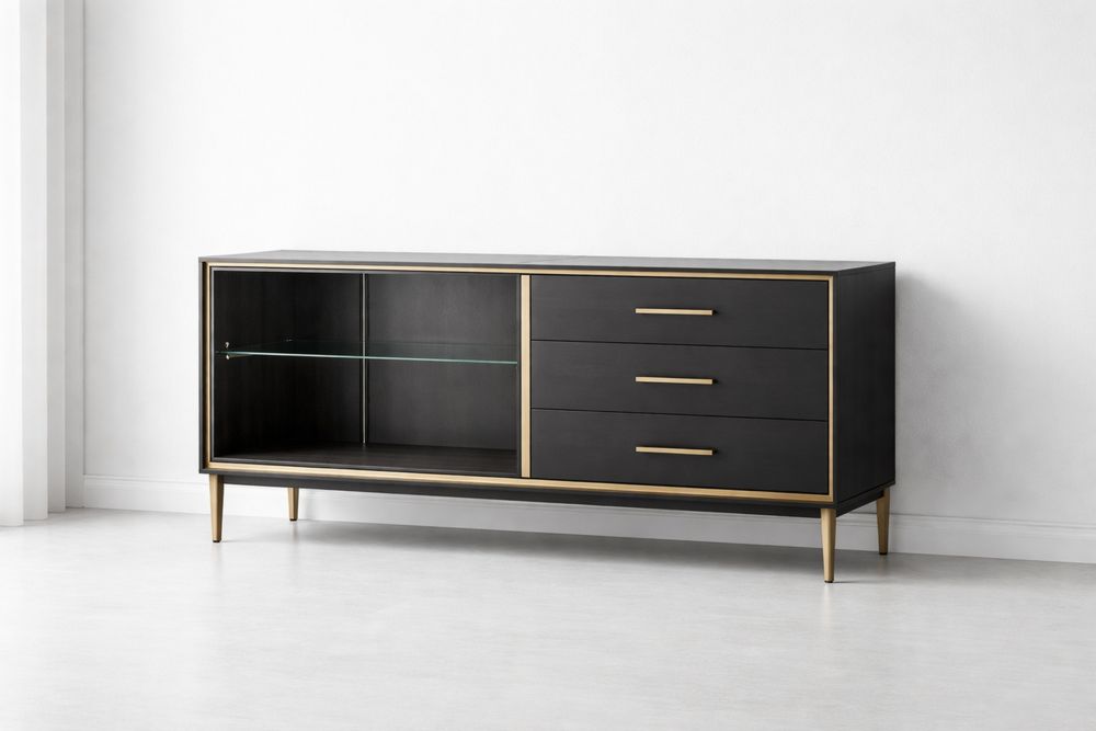 Dark Wood Sideboard with Glass Shelf and Metal Accents 150cm x 45cm x 80cm