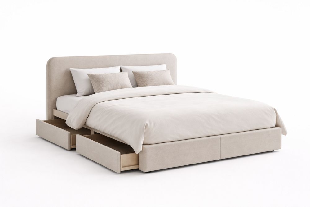 Queen Fabric Upholstered Platform Bed with Storage Drawers Beige