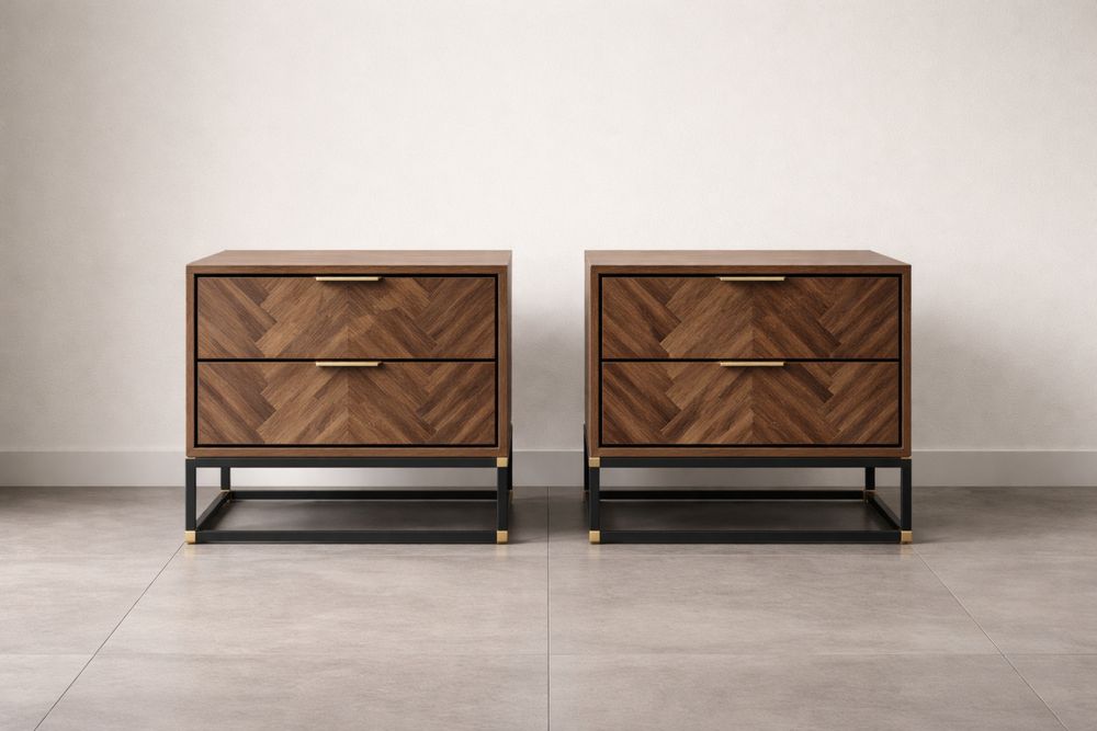 2-Piece Wood Veneer Nightstand Set with Metal Base and Drawers