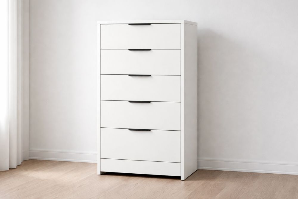 White Wooden Chest of 5 Drawers with Metal Handles