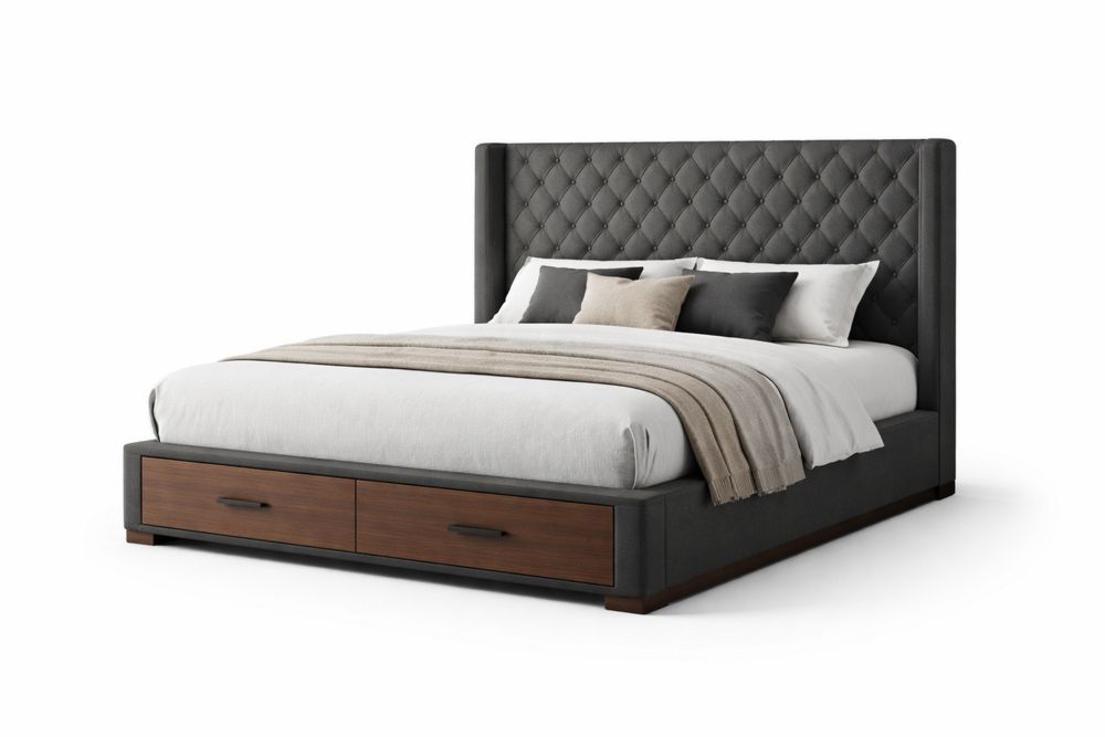 Dark Gray King Size Upholstered Platform Bed with Storage Drawers