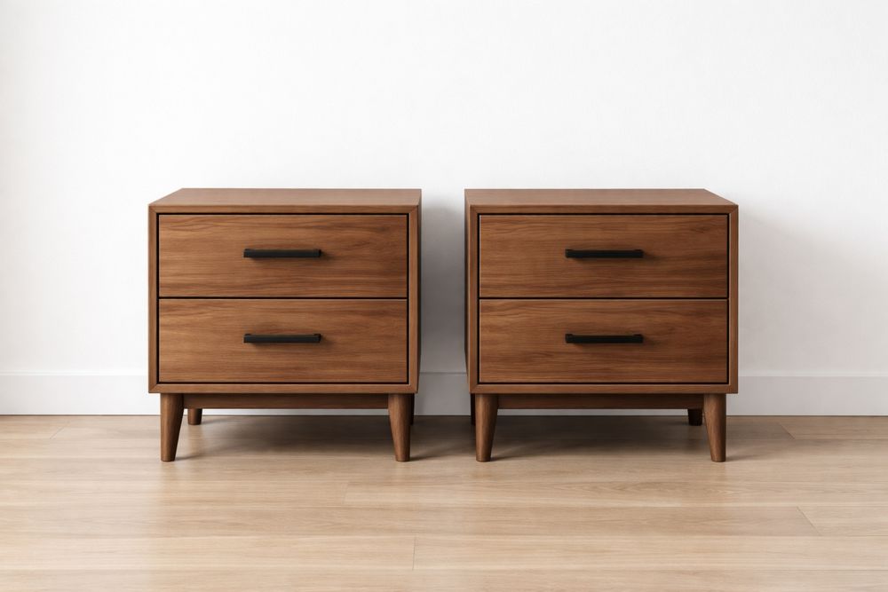 Walnut Wood 2-Drawer Nightstand Set with Metal Handles