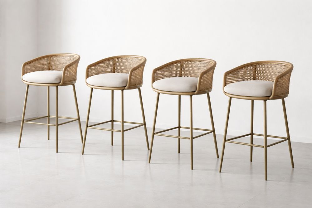 Set of 4 Rattan Counter Stools with Metal Frame and Fabric Upholstery, Beige