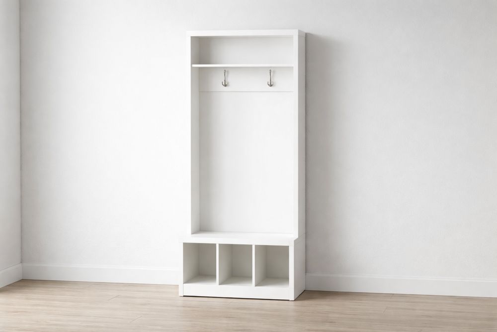 White Wooden Hall Tree with Shelf and Hooks