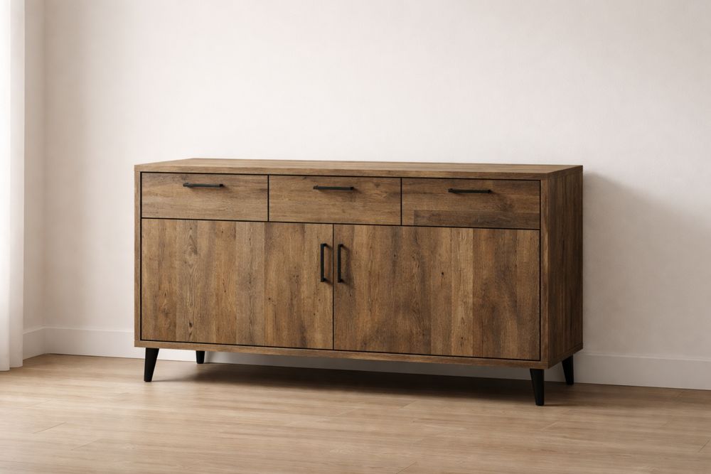 Rustic Oak Wood Sideboard with Drawers and Doors