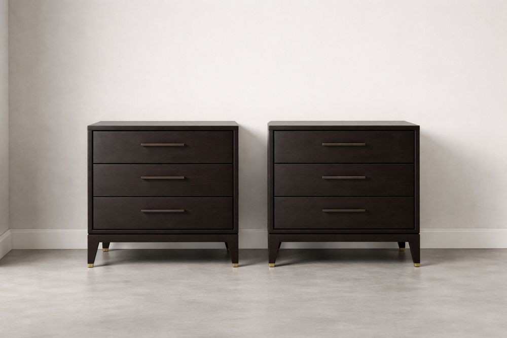 Set of 2 Dark Wood 3-Drawer Dressers with Metal Handles