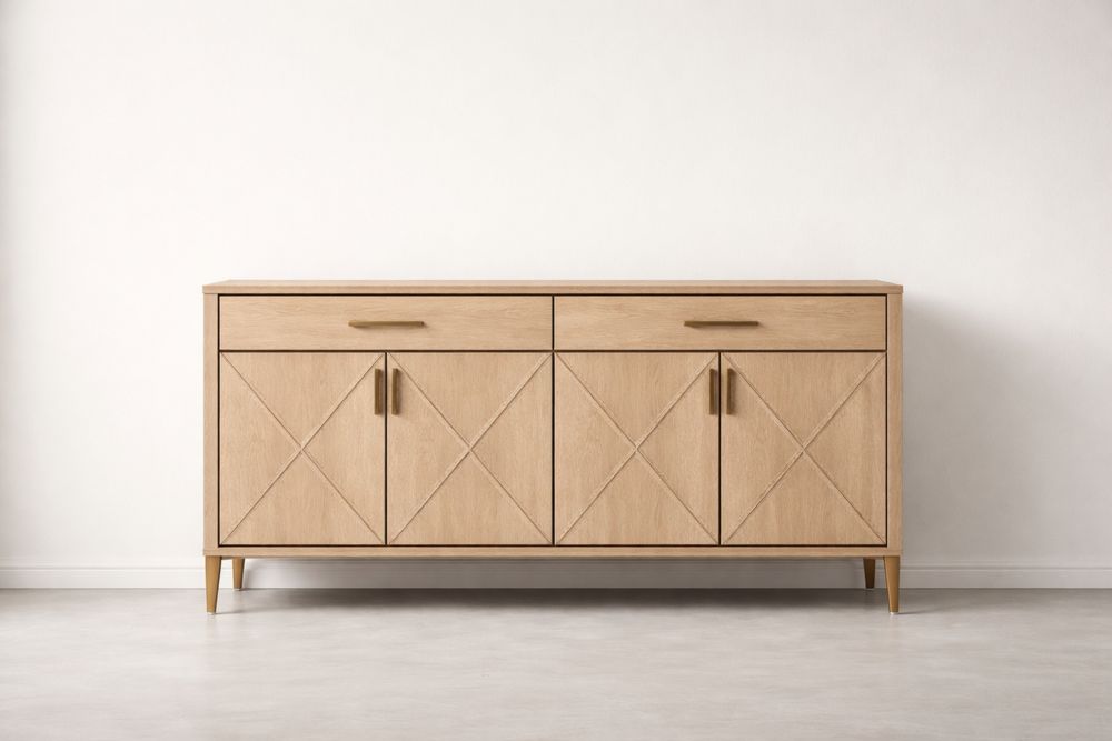 Solid Oak Wood Sideboard with 2 Drawers and 4 Doors