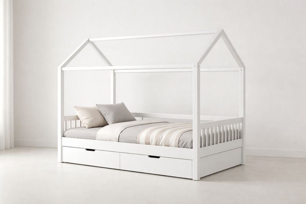 House-Shaped Wooden Kids Bed with Storage Drawers White