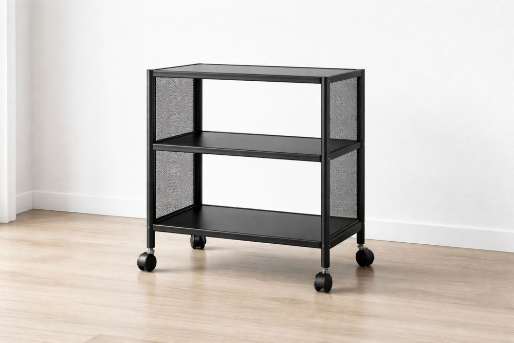 Black Metal Rolling Cart with 3-Tier Shelf and Mesh Sides