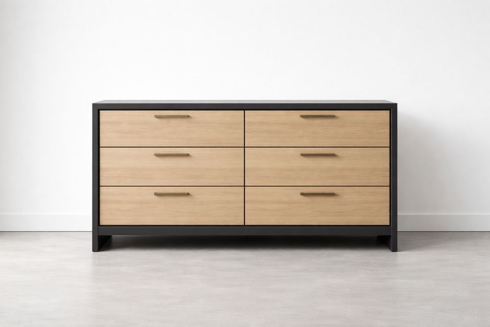 Wood and Metal 6-Drawer Dresser with Oak Finish Black Frame