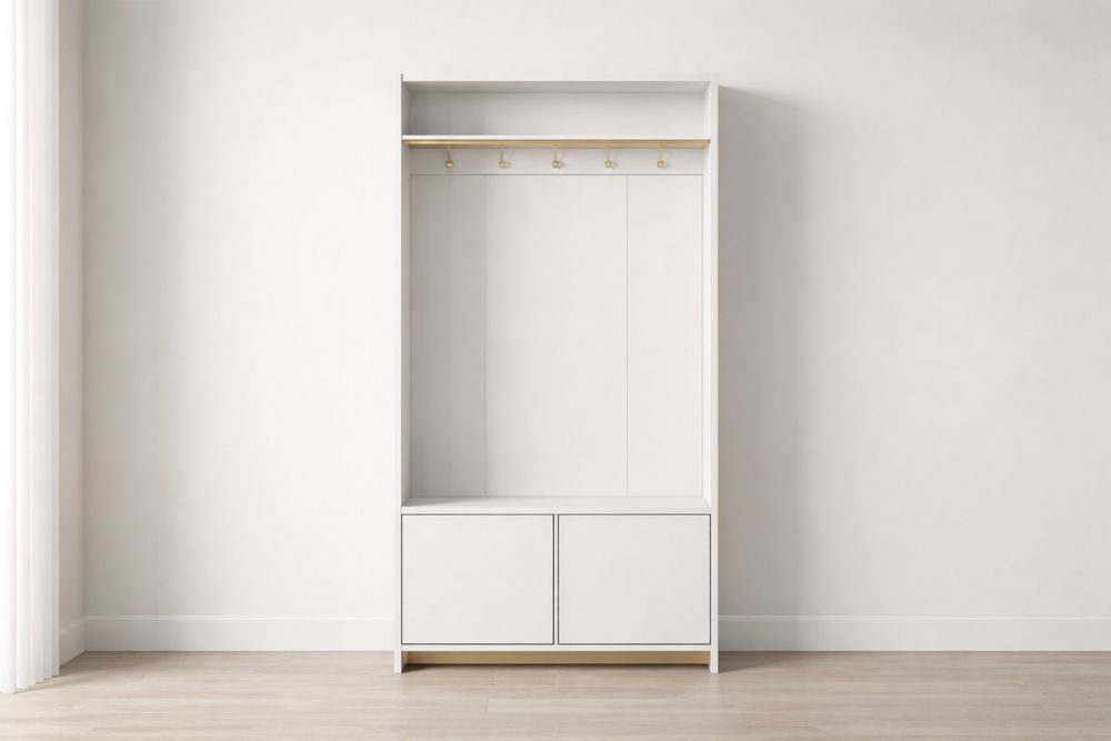 White Wooden Hallway Wardrobe with Hooks and Cabinets 200x100x40 cm