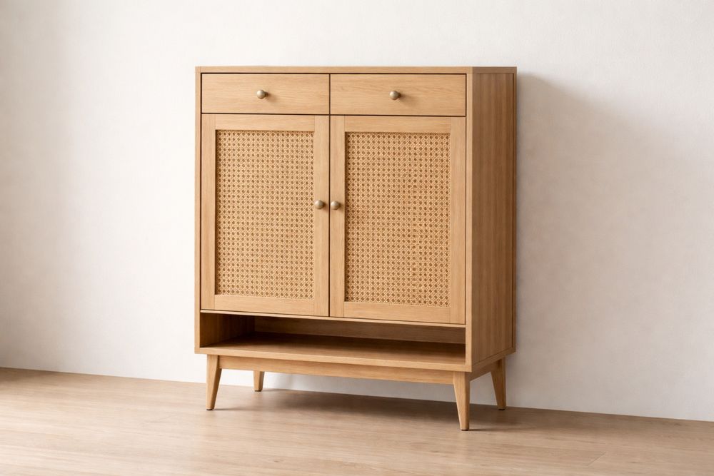 Shoe Cabinet with Cane Doors and Natural Finish 80x35x100 cm