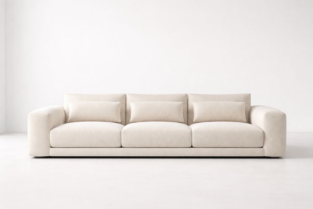 Beige Polyester Fabric Three-Seater Sofa with Cushions