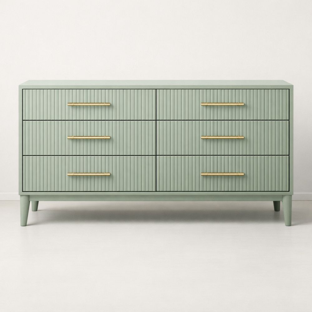 Green MDF drawer cabinet with gold metal handles, dimensions: 140 cm × 50 cm × 85 cm