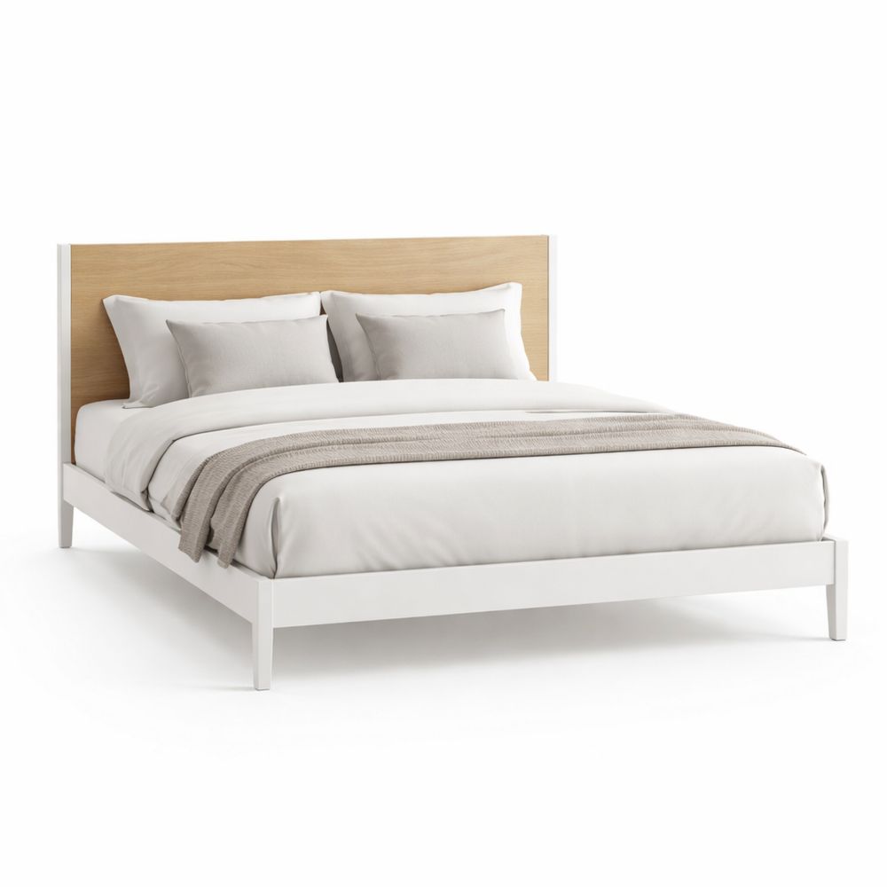 Wooden platform bed with headboard and metal frame, white/brown, 203 cm