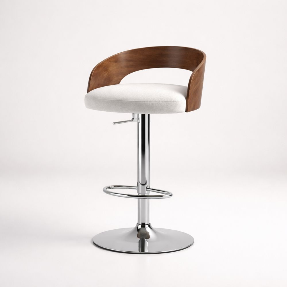 Adjustable Swivel Bar Stool with Polyester Seat, Wood Back, and Chrome Base