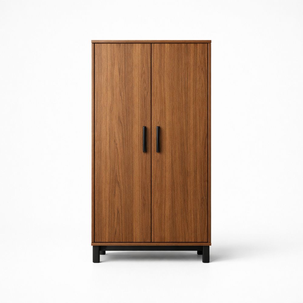 Wooden wardrobe with double doors and metal handles, 180 cm high, walnut finish