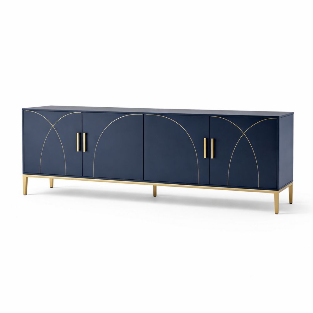 Blue MDF Storage Cabinet with Metal Base 180x45x75 cm