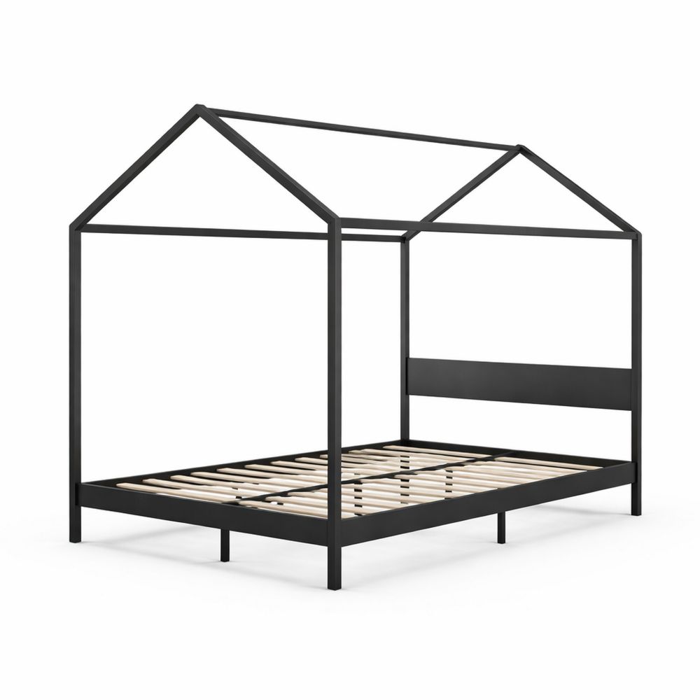 House Shaped Metal Bed Frame with Wood Slats Black Twin Size