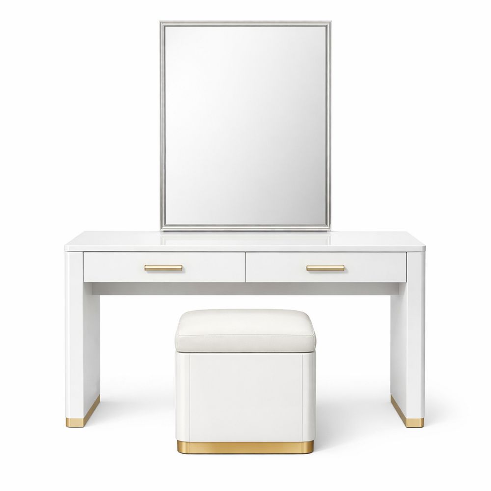 White MDF Vanity Table Set with Mirror and Faux Leather Stool
