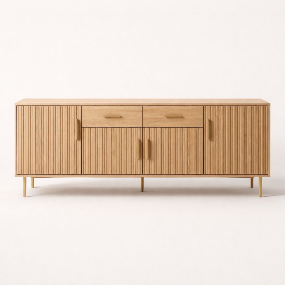 Oak Wood Sideboard with Slatted Doors and Metal Legs 180cm