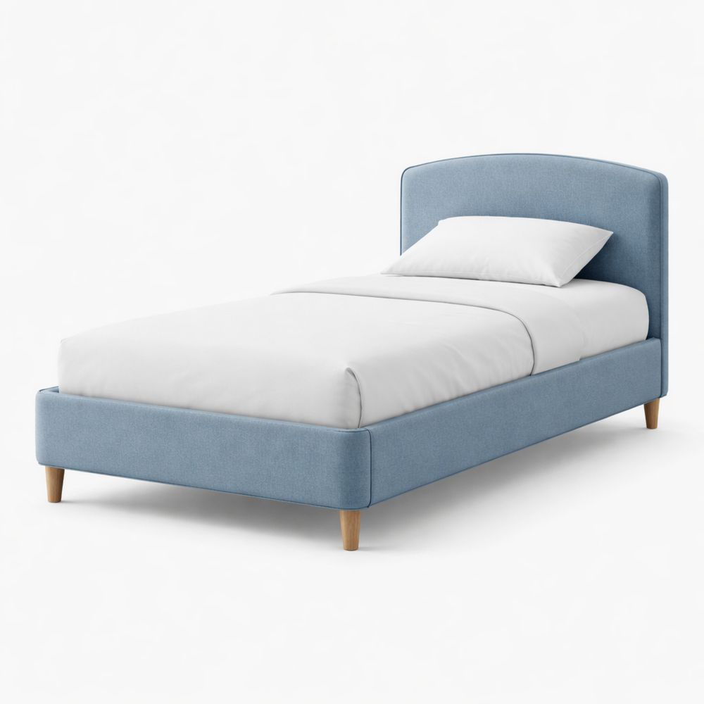 Twin Upholstered Bed Frame with Fabric and Wood Legs Blue 96cm x 203cm x 91cm