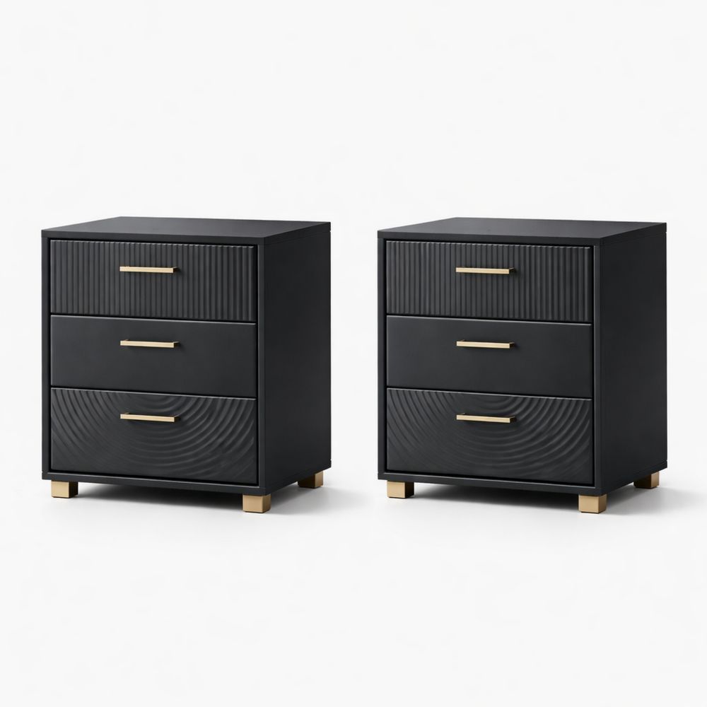 Set of 2 Black Wooden 3-Drawer Nightstands with Brass Handles