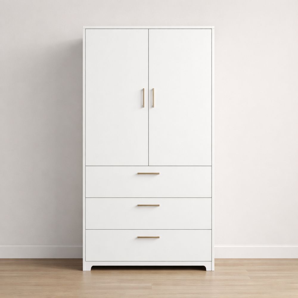 White Wood Wardrobe with Three Drawers and Two Doors