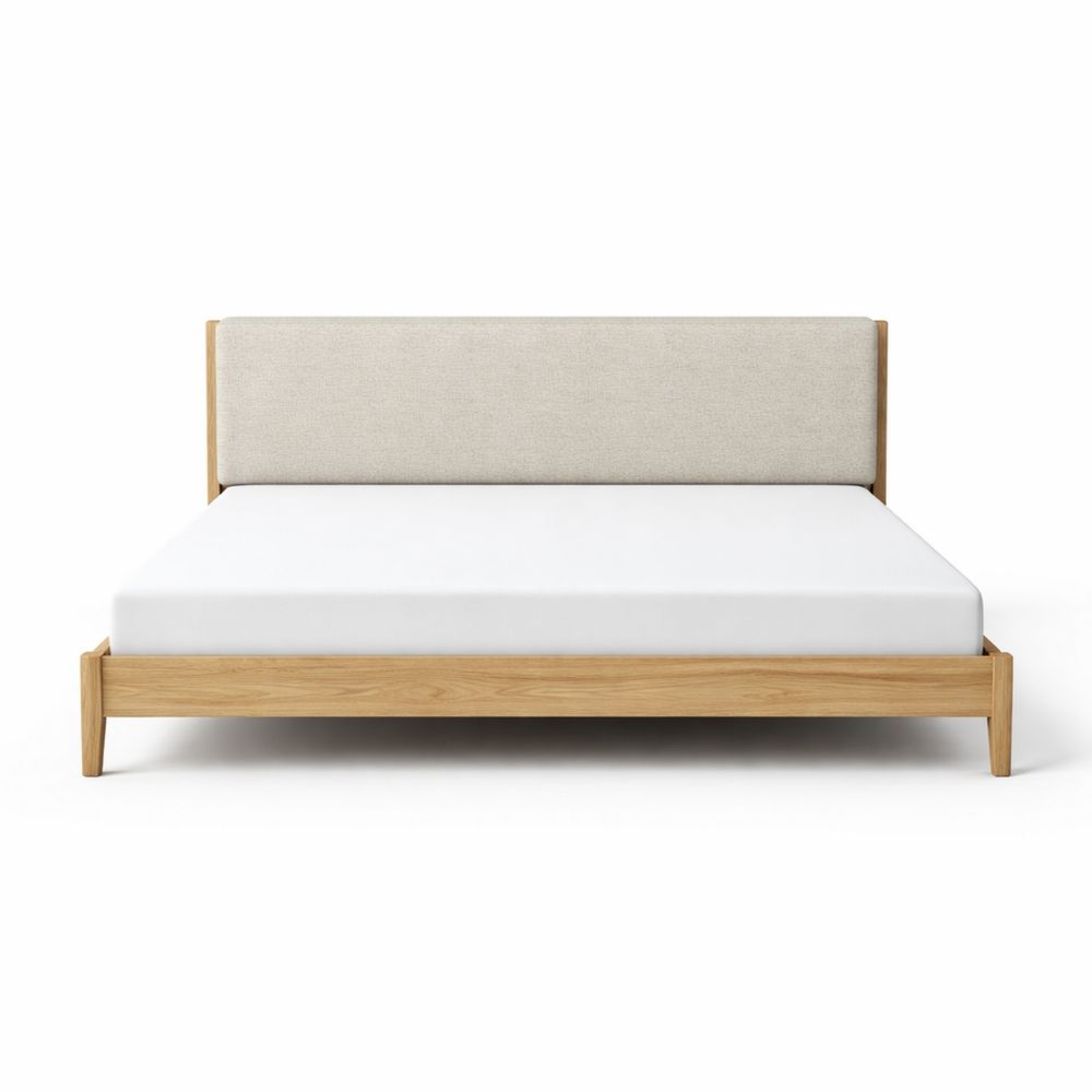 Double bed with wooden frame and upholstered headboard, solid oak, beige