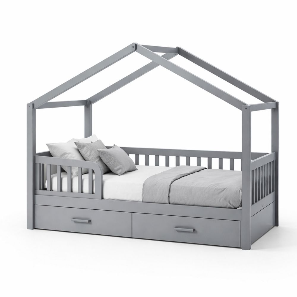 Children's Pine Wood House Bed with Drawers Twin Size Gray
