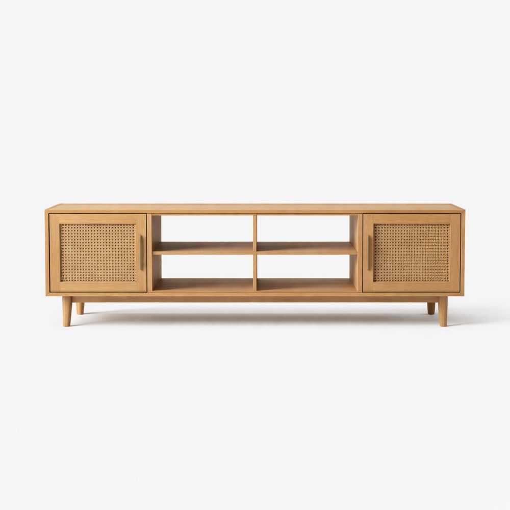 Wooden TV Stand with Cane Doors and Shelves