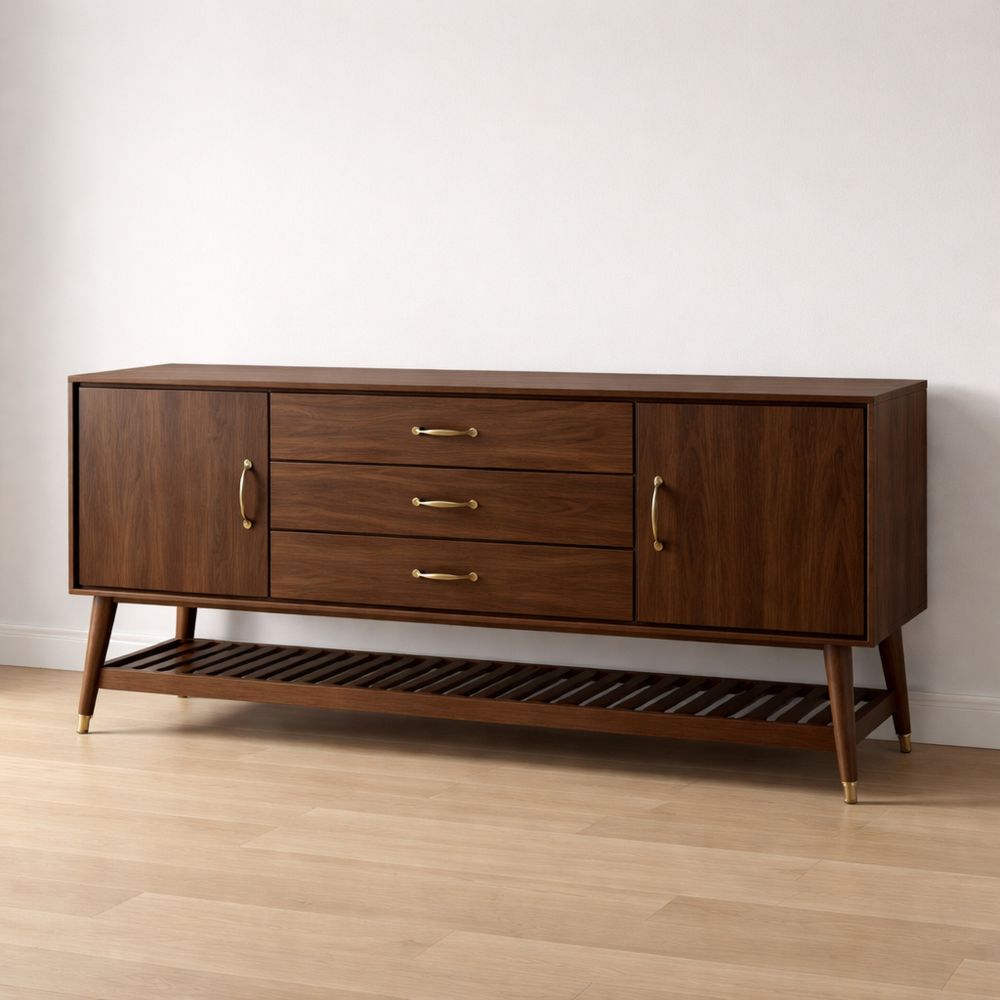Walnut sideboard with brass handles, 60 inches