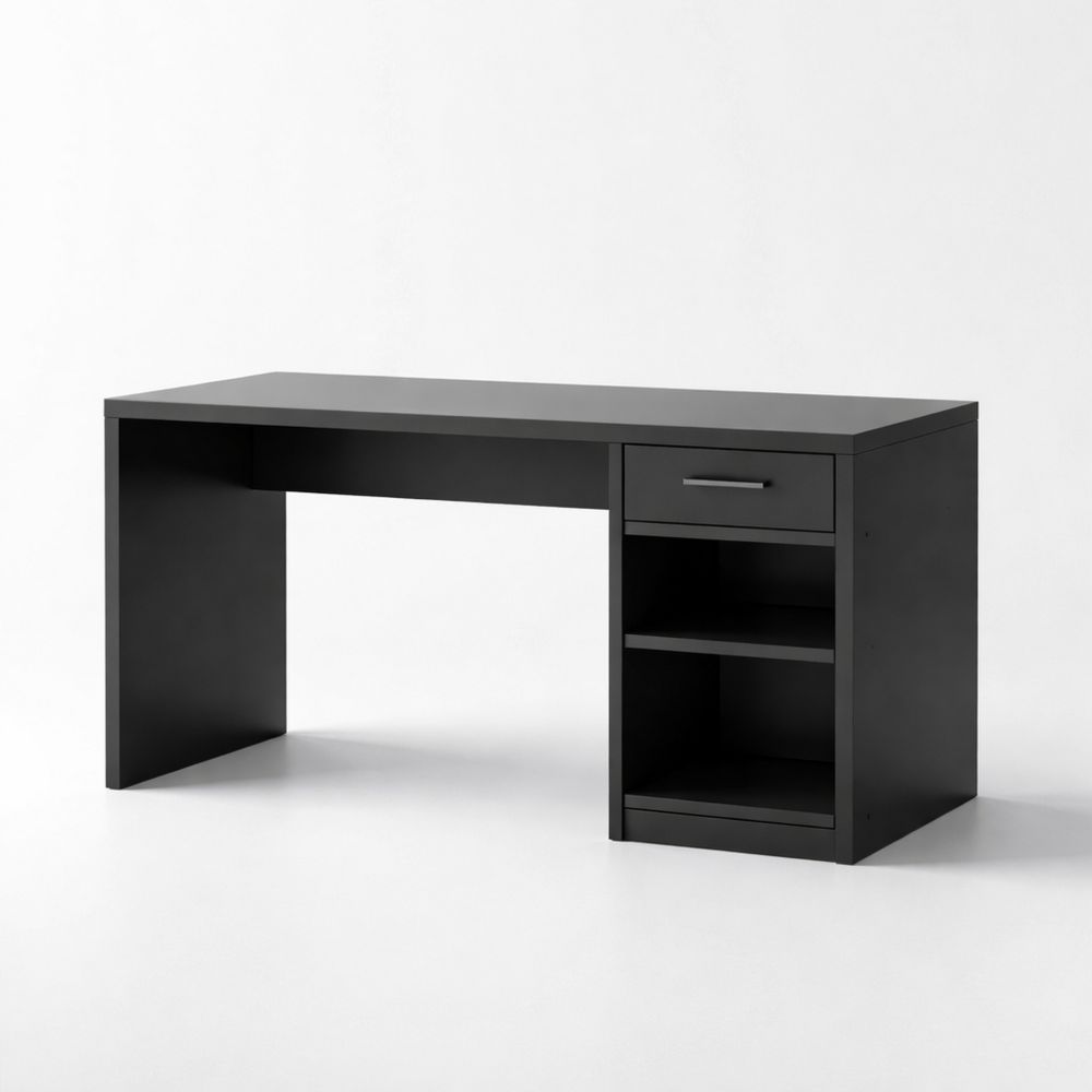 Black Rectangular MDF Desk with Drawer and Shelves