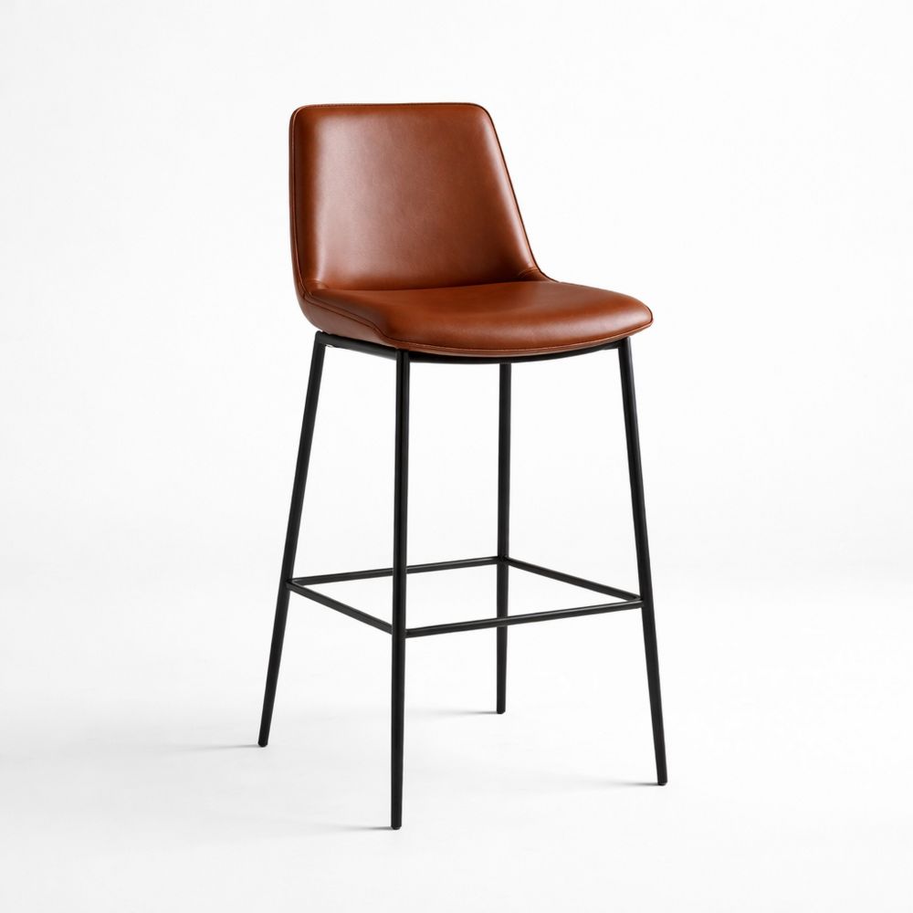 Leather Bar Stool with Metal Frame Brown High Back 100cm