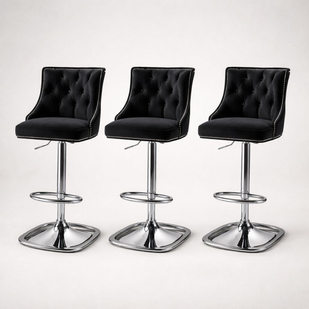 Velvet Bar Stool Set with Chrome Base and Swivel Function Black 3-Piece