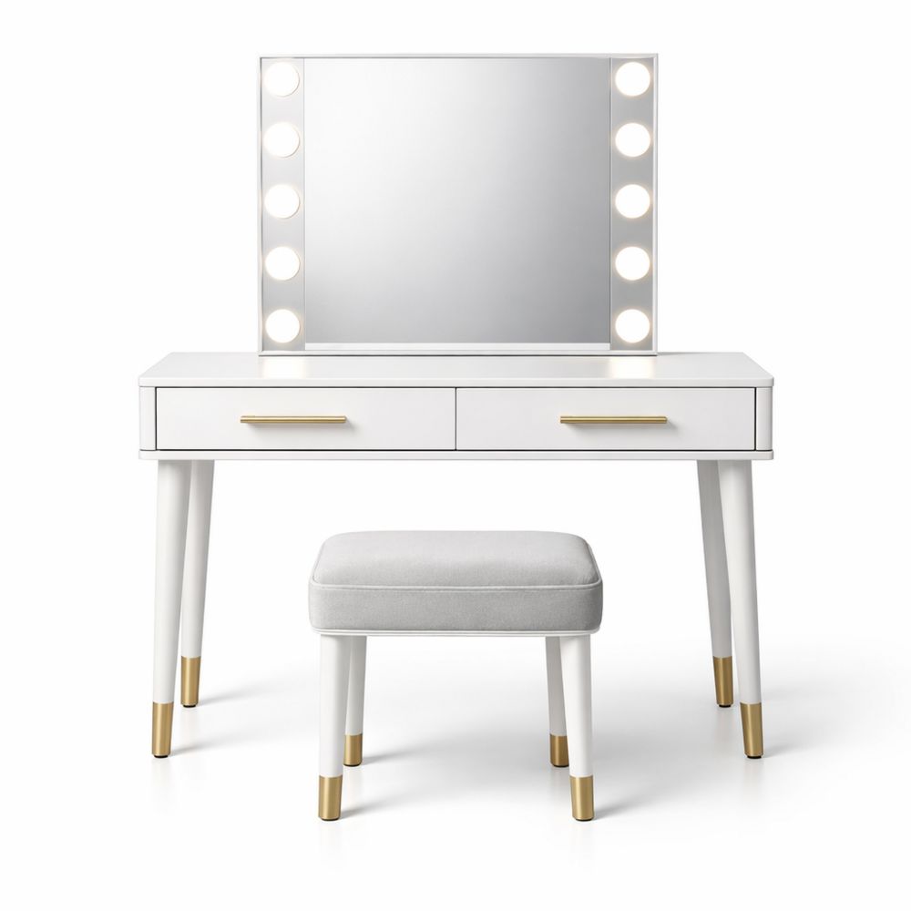 White Wood Vanity Table Set with LED Lights and 2 Drawers