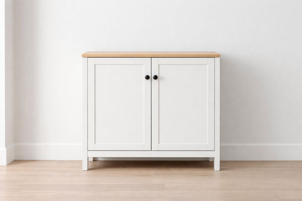 White Wood Storage Cabinet with Brown Top and Two Doors