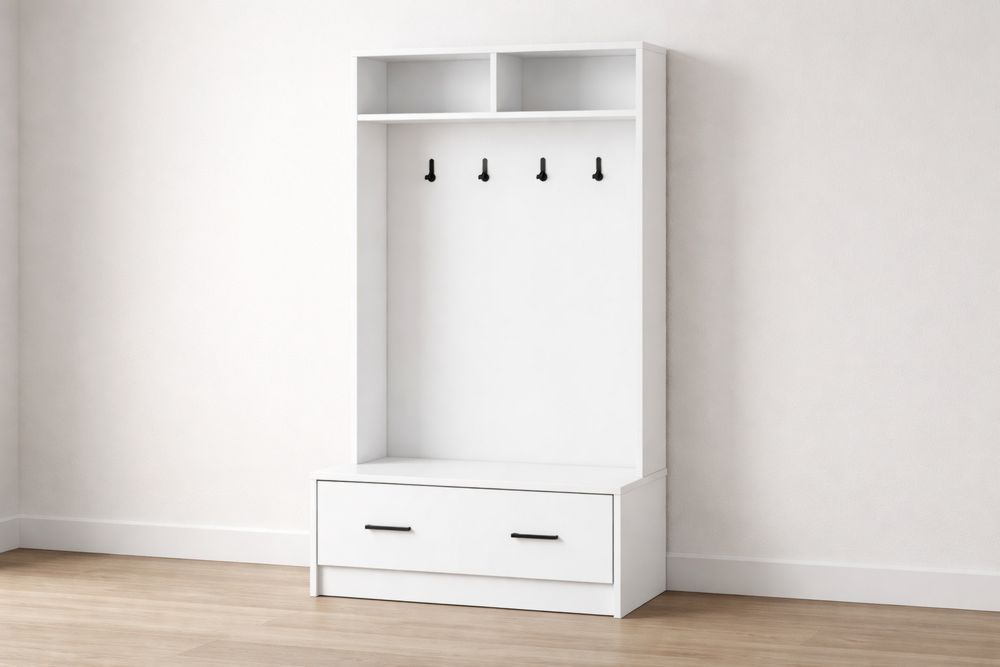White Hall Tree with Hooks and Drawer Storage MDF