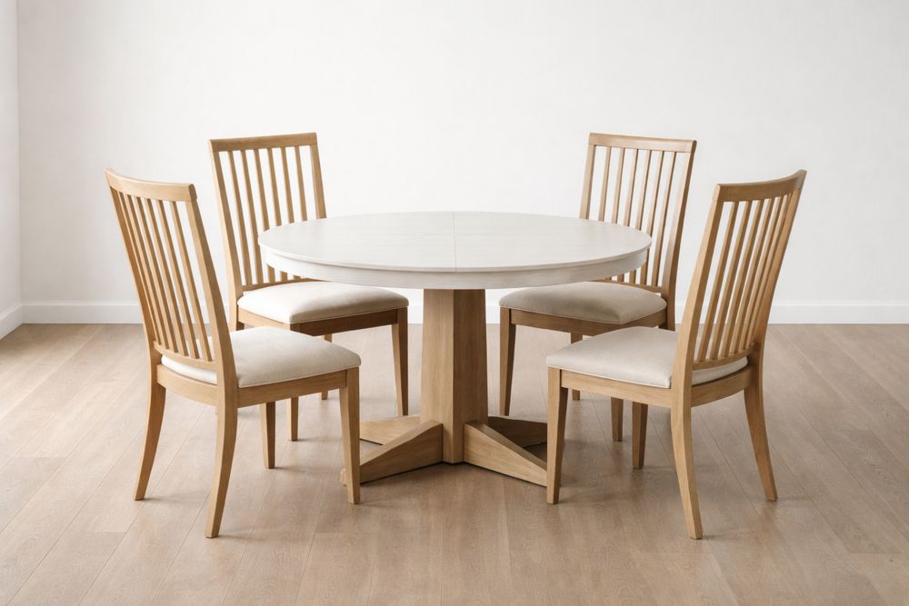 Round Wood Dining Table Set with 4 Beige Upholstered Chairs