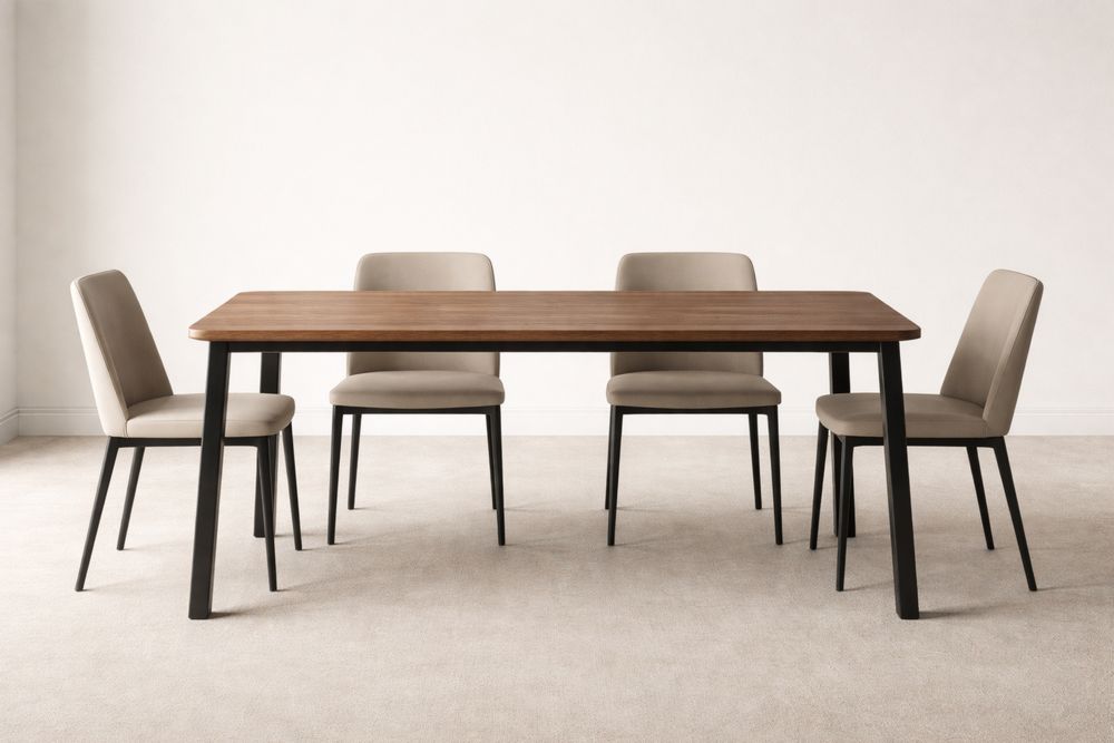 Wood Dining Table Set with Four Chairs Black Steel Legs Tan Upholstery