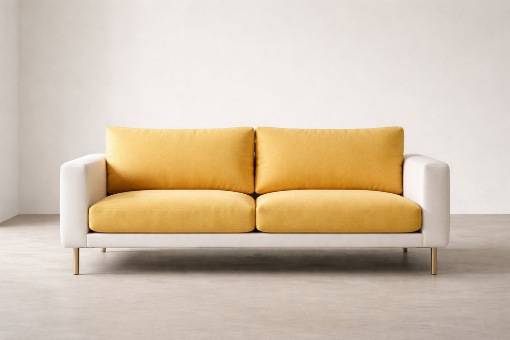 Yellow Fabric Sofa with White Faux Leather Sides