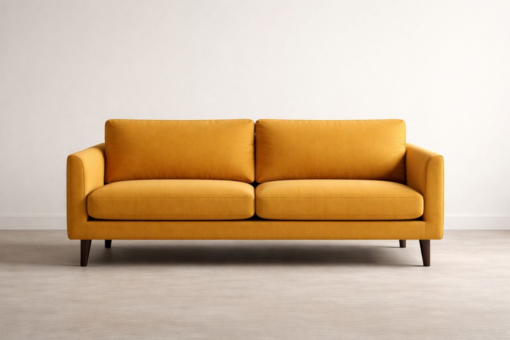 Yellow Fabric Three-Seater Sofa with Wooden Legs