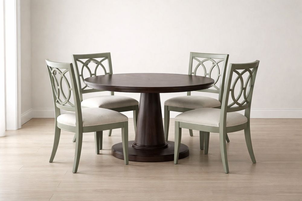 Round Wooden Dining Table with Four Chairs Set Dark Brown/Green