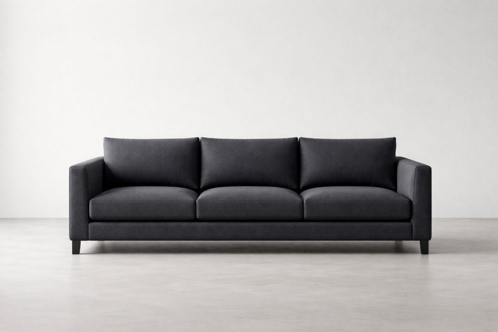 Dark Gray Fabric Three-Seater Sofa with Cushioned Backrest and Wooden Legs
