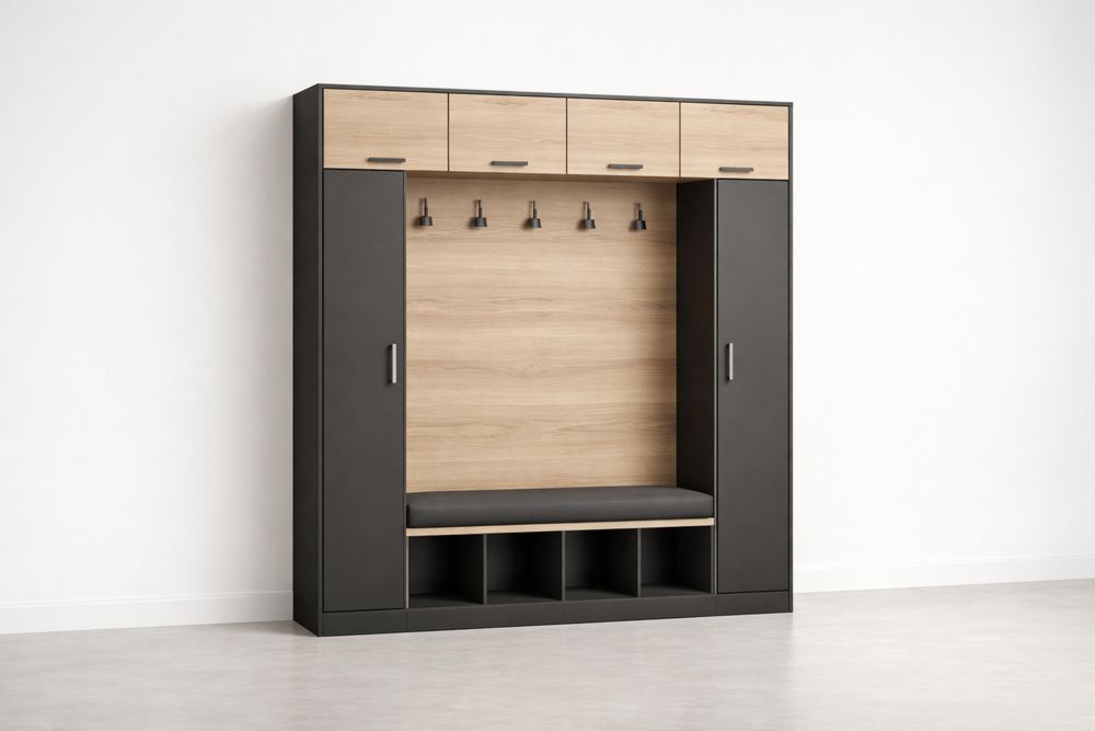 Black and Oak Hallway Wardrobe Unit with Coat Hooks