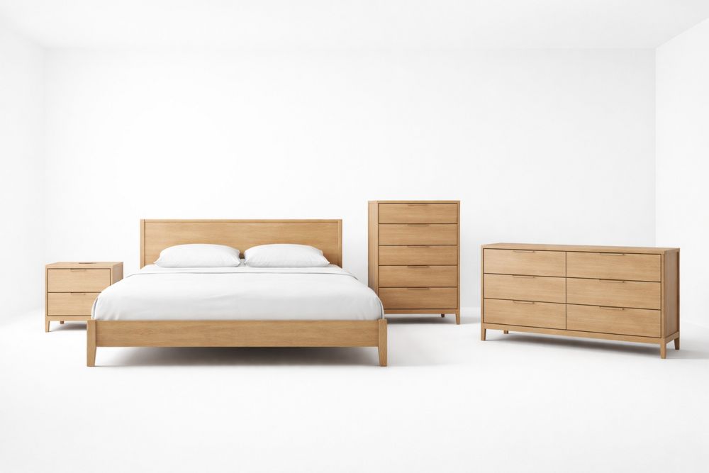 Solid Wood Bedroom Furniture Set with Bed, Nightstand, Tall Dresser, and Wide Dresser, Natural Finish