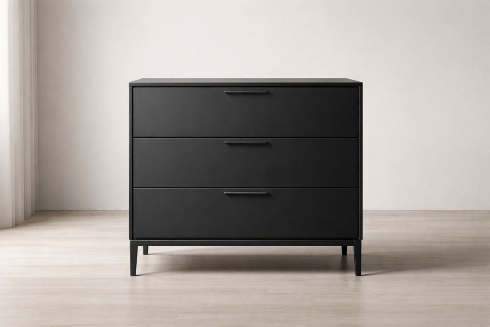 Black Matte Three-Drawer MDF Dresser 100cm x 40cm x 80cm