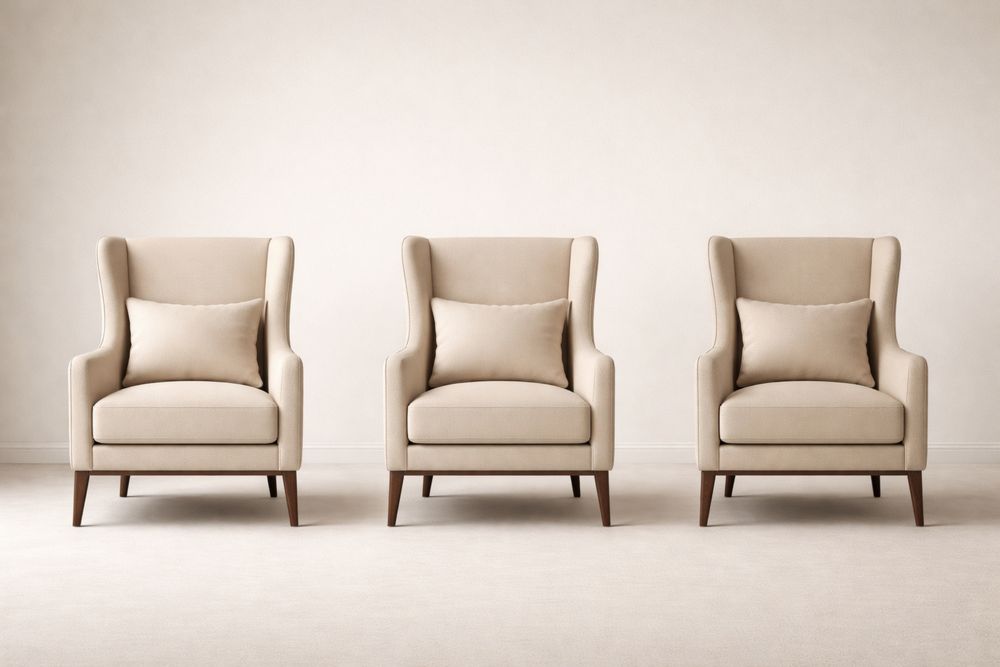 Beige Fabric Wingback Armchair Set with Wood Legs